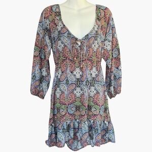 Earthbound Trading Co V Neck Lantern Sleeve Mini Dress Paisley Print Boho size S